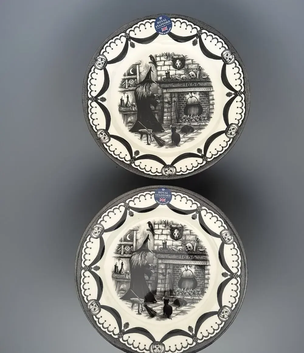 2 Royal Stafford Halloween Spookyville Witches Home 11” Dinner Plates New w/ Tag